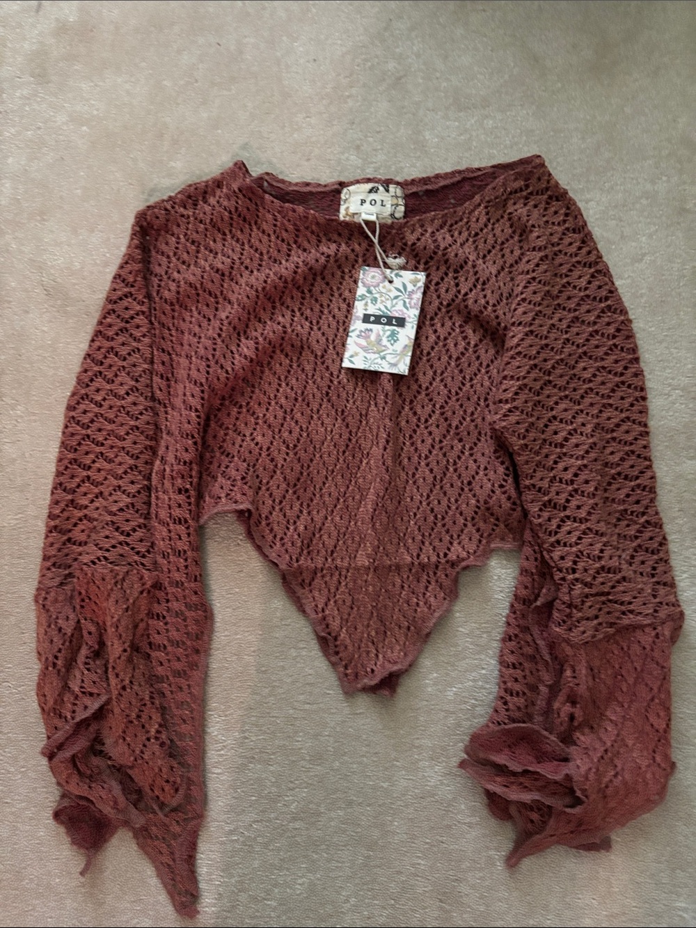 POL Openwork Crochet Bolero in Rusty Brown